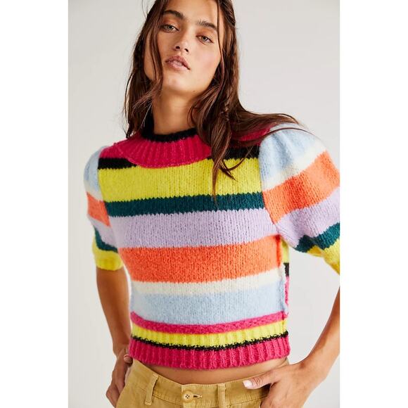 Free People Sweater Women's XS Striped Multicolor Foxy Stripe Pullover Cropped - Picture 1 of 9